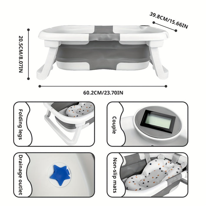 Foldable Baby Bathtub with Thermometer, Portable Travel Newborn Bathtub, with Soft Pad And Thermometer, Drainage Hole, Durable Foldable Youngsters Bathtub for 0-36 Months, Thickened Non-Slip Cushion, Smart Temperature Measure