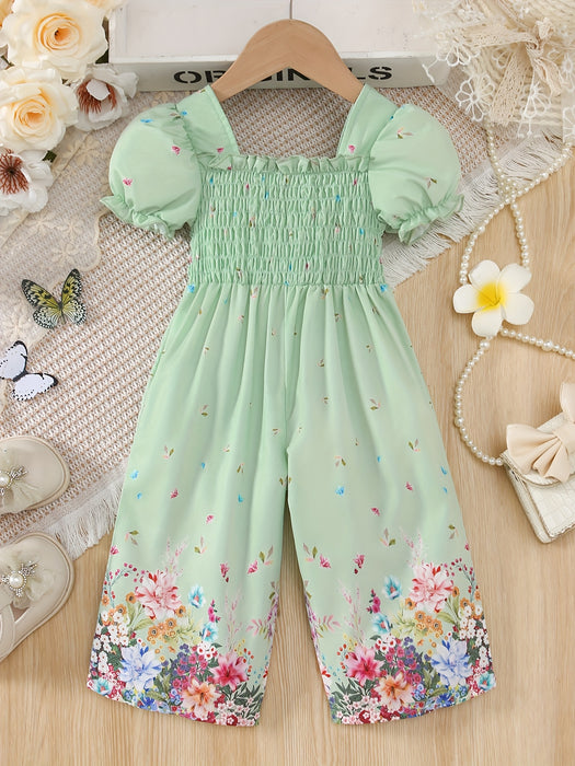 Elegant Floral Print Romper for Youngsters - Casual Retro Style with Puff Sleeves, Polyester, Non-Stretch Fabric, Square Neckline, Spring/Summer Wear, Romper for Girls, for Outdoor