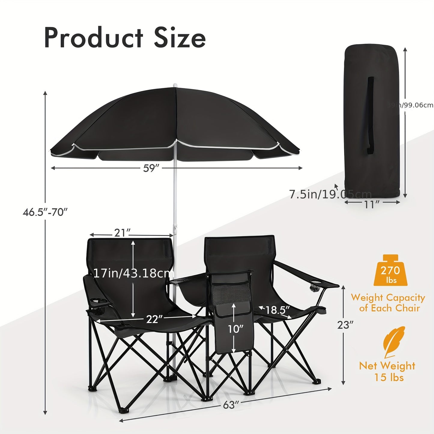 Portable Folding Picnic Double Chair W/Umbrella Table Cooler Beach Camping