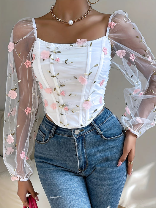 Off-the-Shoulder Contrast Mesh Floral Embroidered Sheer Bodice with Boning Details, Polyester Blend Raglan Long Sleeve Top with Medium Stretch - Elegant all-season Pullover