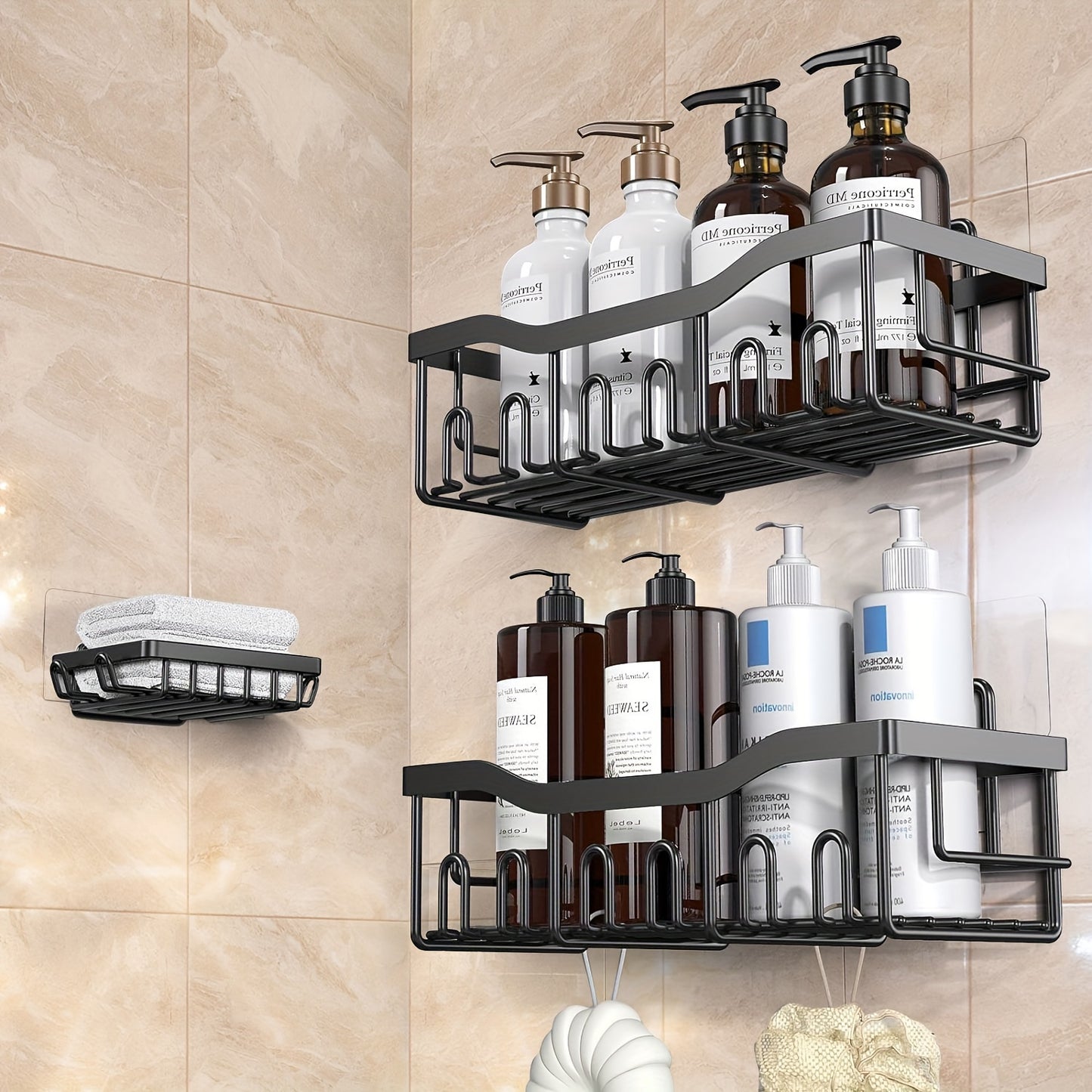 Adhesive Shower Caddy, 5 Pack Rustproof Stainless Steel Bath Organizers With Large Capacity, No Drilling Shelves For Bathroom Storage & Home Decor