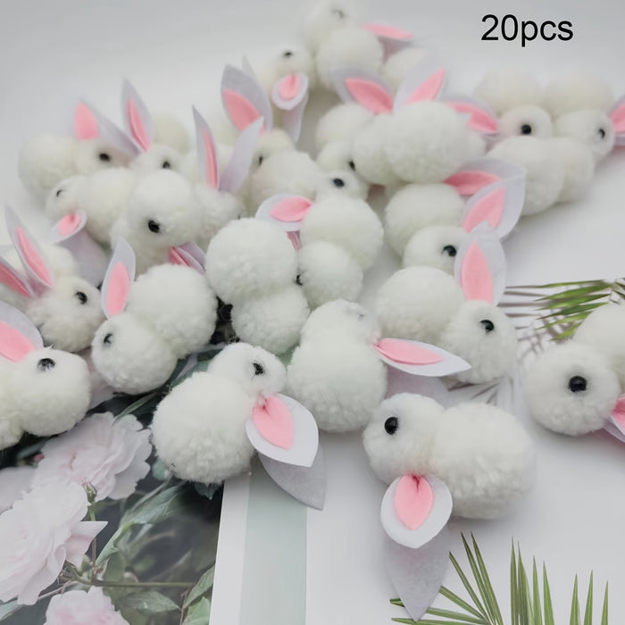 20 Pcs White Pom-Pom Bunny Dolls - Linen Blend Cloth Rabbit Figurines, Handcrafted DIY Accessories, Cute Hair Clip Ornaments for New Year, Anime Themed Collectibles, Ideal for Christmas, Halloween, Easter, Hanukkah, Thanksgiv