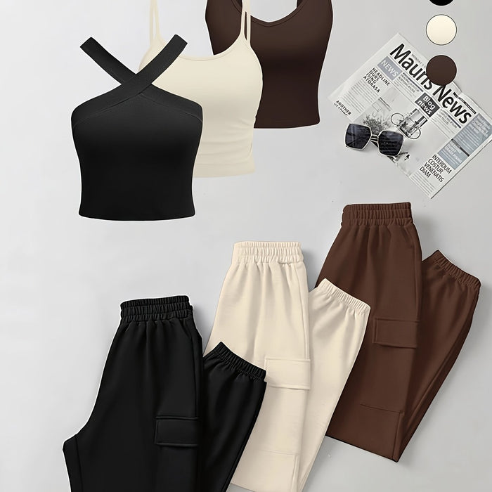 6pcs Women'S Casual Spring/Summer Knit Fabric Set with Crew Neck, Pocket, and Elastic Waist, Polyester Blend