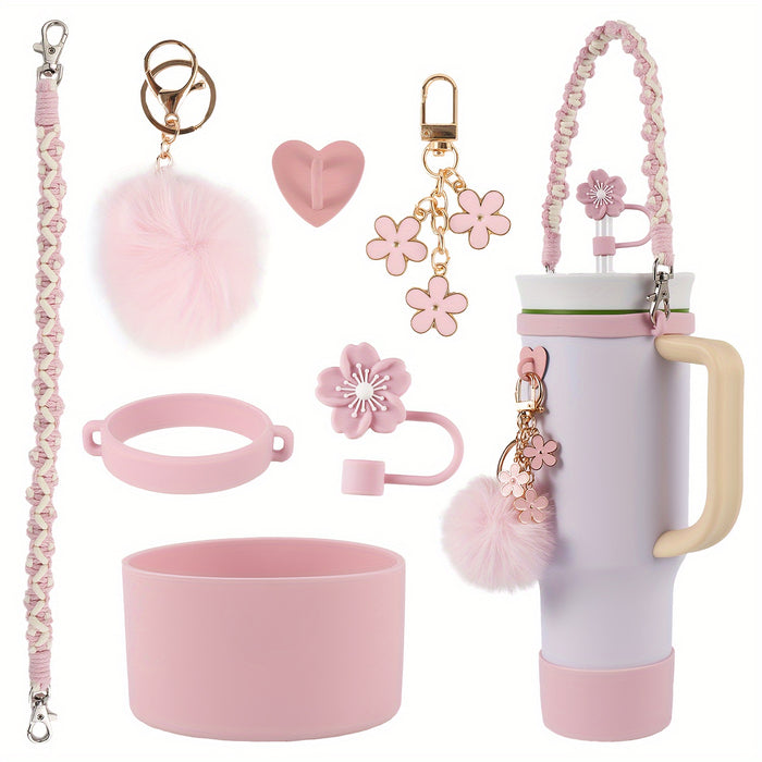 Handwoven Carrying Strap for Water Bottles, Sports Cup Handle, Silicone Bottom Protective Sleeve, Straw Lid Accessories for Cups.