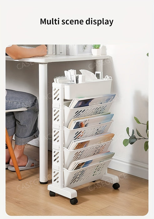 1pc Five-Level Bookshelf Shelf, Movable Desk Side Bookshelf, Floor Desk Small Cart, Book Storage Shelf, Office Study Supplies Storage Rack, Pen Holder, Lesson Book, Document Storage, Office Supplies