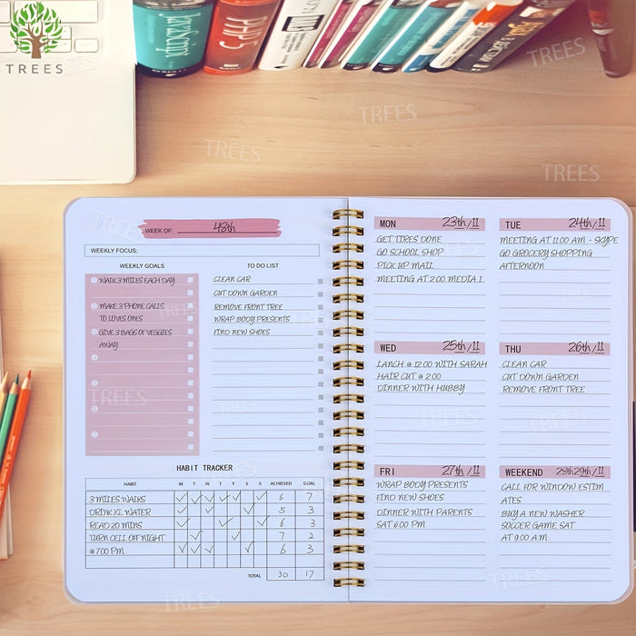 1pc TREES A5 Spiral Undated Planner, 52 Sheets, Daily Weekly Agenda Notebook, PVC Cover, Office School Stationery, Goal Setting & Planning, 8.3x5.5 Inches