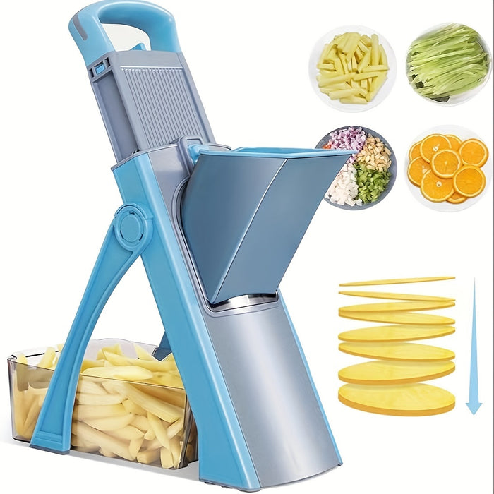 Adjustable Manual Mandoline Slicer with Stainless Steel Blades – Large Vegetable & Fruit Dicer, Julienne Cutter, No Electricity Needed, Durable ABS Material, Blue & Gray Design, Includes Interchangeable Attachments for Vers