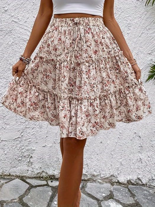 Floral Print Elastic Waist Skirt, Elegant Tiered Knee Length A-line Skirt For Spring & Summer, Women's Clothing
