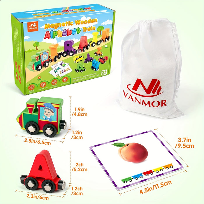 Vanmor 27 PCS Magnetic Wooden Alphabet Train Sets - ABC Letter Learning Toy Trains With 42 PCS Flash Cards, 1 Engine, 1 Storage Bag - Educational Toys for Toddlers Kids Boys Girls Ages 3-7 - Perfect Gift for Early Learning