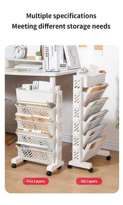 1pc Five-Level Bookshelf Shelf, Movable Desk Side Bookshelf, Floor Desk Small Cart, Book Storage Shelf, Office Study Supplies Storage Rack, Pen Holder, Lesson Book, Document Storage, Office Supplies