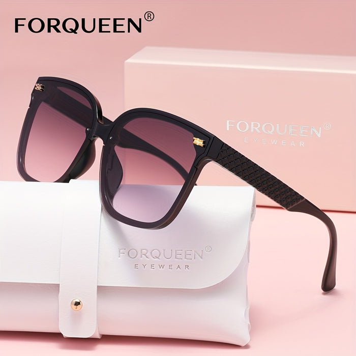 FORQUEEN Trendy Women's Polarized Fashion Glasses - Oversized Fashion Shades with Metal Hinges, Stylish Gradient Purple to Gray Design, Includes Protective Case for Summer Style