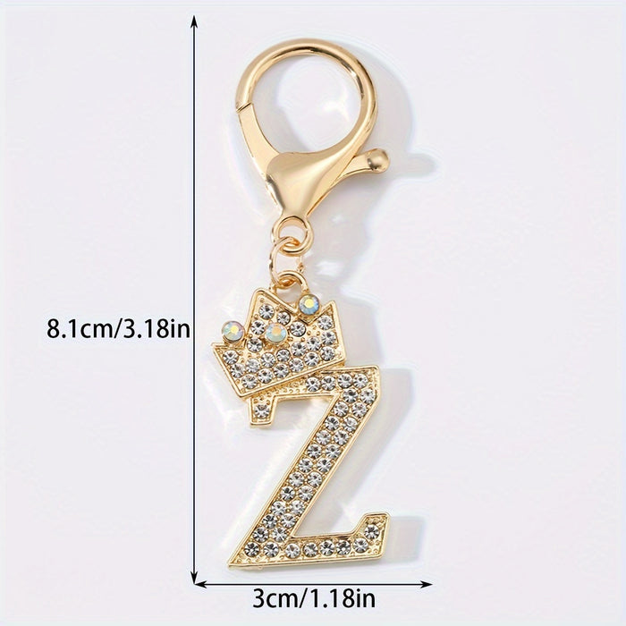 1pc Fashion Zinc Alloy Artificial Diamond Crown 26 English Letters Key Chain For Men, Bag Pendant To Friends