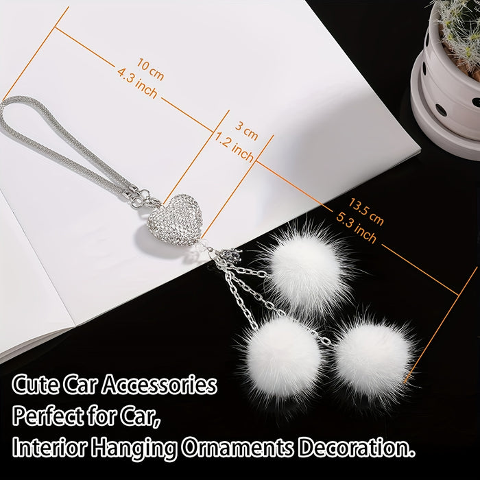 Sparkling Heart Rhinestone Car Ornament: Plush Ball & Heart Design for Women & Girls