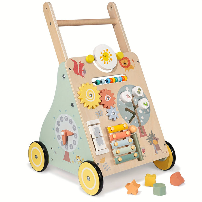 Wooden Baby Walker - Multiple Learning Activities Center Develops Motor Skills for Infant to Toddler, Push and Pull Walkers with Wheel - For Boys & Girls -  Suitable for 6-18 Months -  Perfect Gift for Baby Shower