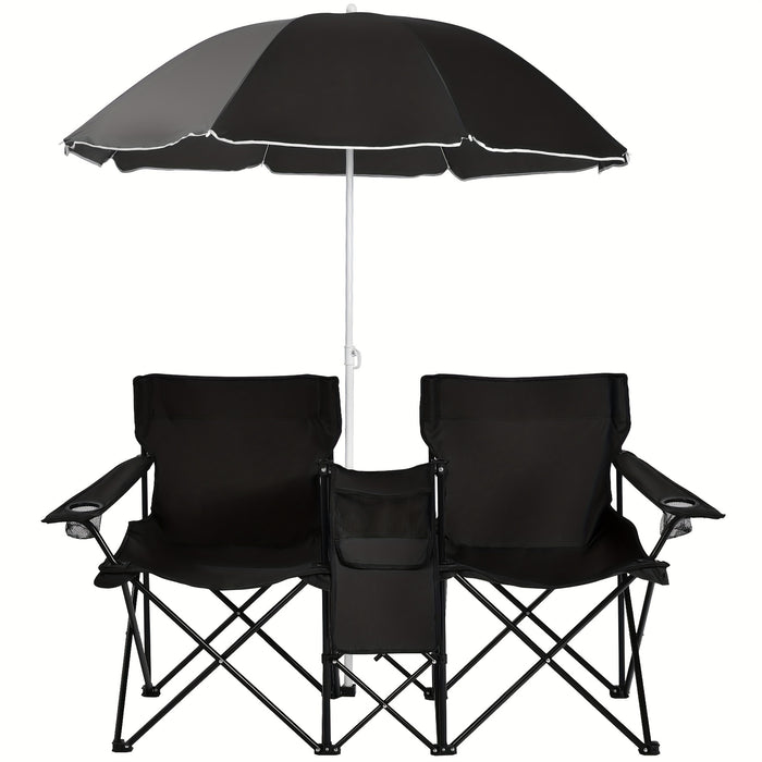 Portable Folding Picnic Double Chair W/Umbrella Table Cooler Beach Camping