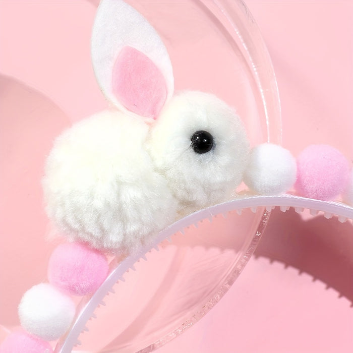 1pc Adorable Fluffy Rabbit Headband for Girls, Pink Polyester Bunny Hair Hoop with Pom Pom, Non-Woven Fabric, Sweet Hair Accessory for Easter Party