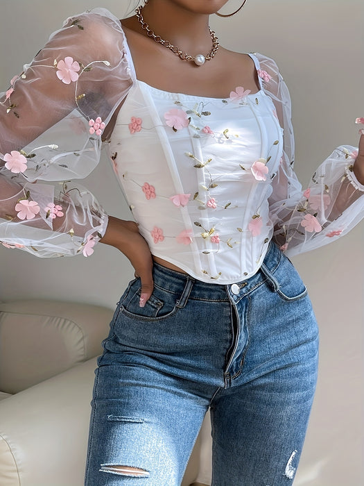 Off-the-Shoulder Contrast Mesh Floral Embroidered Sheer Bodice with Boning Details, Polyester Blend Raglan Long Sleeve Top with Medium Stretch - Elegant all-season Pullover