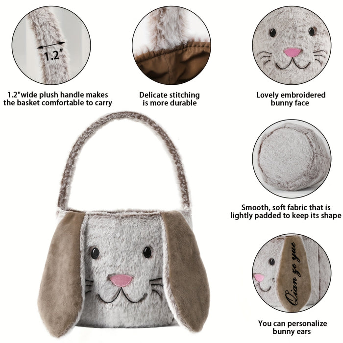 Customizable Easter Bunny Plush Basket with Embroidered Name - Soft Polyester Rabbit Ear Design Candy & Egg Hunt Basket, Perfect for Holiday Parties, Gifts, and Decorations (Blue, Pink, Beige)