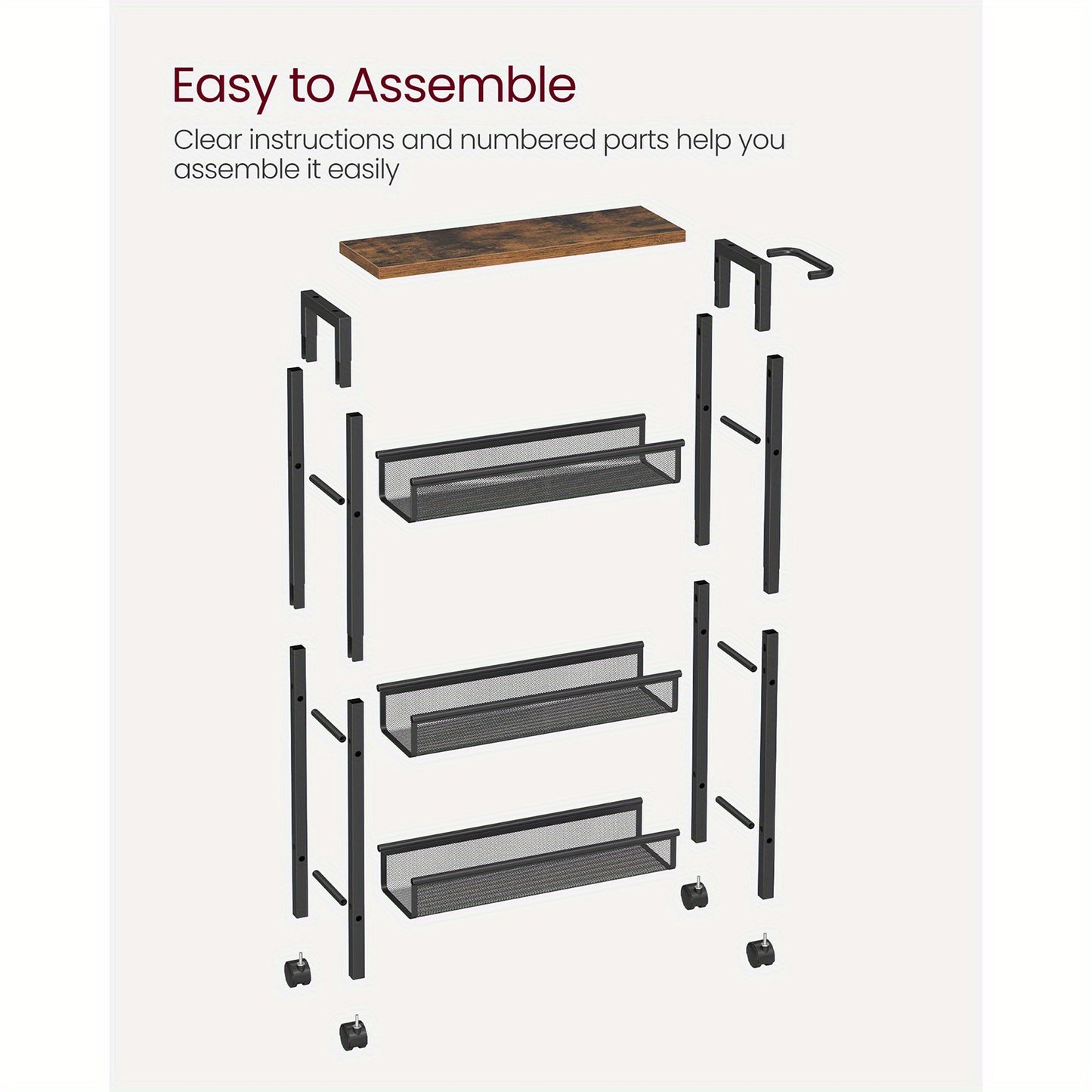 VASAGLE 4-Tier Steel Rolling Storage Cart with Hardwood Top, Rustic Brown & Black, Slim 5.1" Deep Organizer, with Wood-Based Panel & Metal Frame, for Kitchen, Dining, Living Room, Home Office