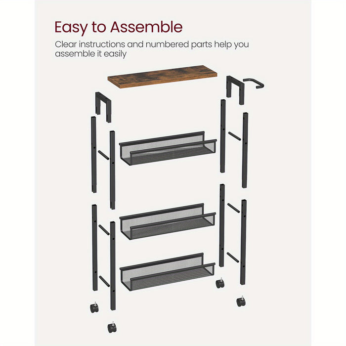 VASAGLE 4-Tier Steel Rolling Storage Cart with Hardwood Top, Rustic Brown & Black, Slim 5.1" Deep Organizer, with Wood-Based Panel & Metal Frame, for Kitchen, Dining, Living Room, Home Office
