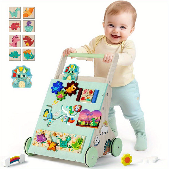 Wooden Baby Walker, Dinosaur Toddler Push Walker, Montessori Learning Activity Center for Boys Girls, Develops Motor Skills Sit-to-Stand Toys Multifunctional Educational Gifts for Kids Infant