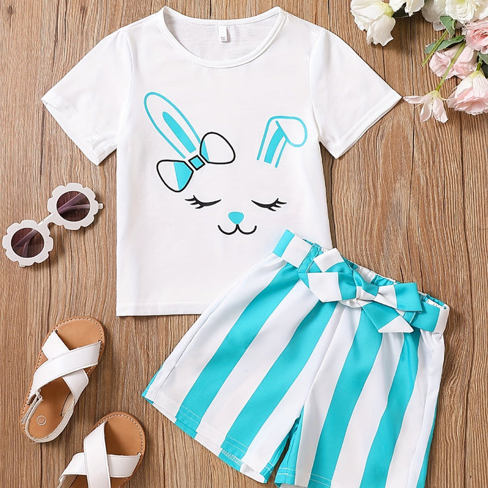 2pcs Toddler Girls Easter Cartoon Bunny Graphic T-Shirts Round Neck Short Sleeve Tees Top & Elastic Waist Belted Stripe Shorts Set Kids Summer Outdoor Clothes