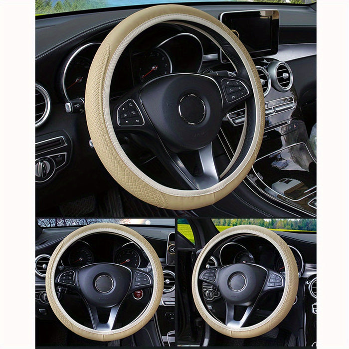 Embossed Faux Leather Car Steering Wheel Cover, Soft Comfortable Grip, Universal Fit 14.57-14.96inch Diameter, Automotive Accessory without Inner Ring