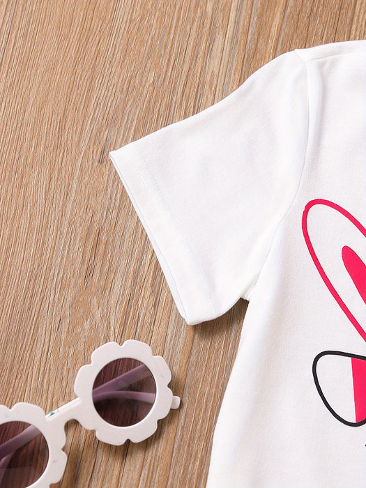 2pcs Toddler Girls Easter Cartoon Bunny Graphic T-Shirts Round Neck Short Sleeve Tees Top & Elastic Waist Belted Stripe Shorts Set Kids Summer Outdoor Clothes