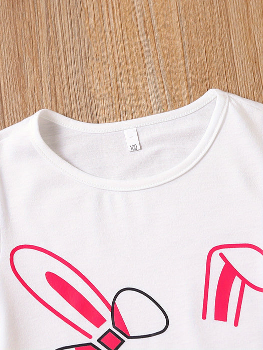 2pcs Toddler Girls Easter Cartoon Bunny Graphic T-Shirts Round Neck Short Sleeve Tees Top & Elastic Waist Belted Stripe Shorts Set Kids Summer Outdoor Clothes