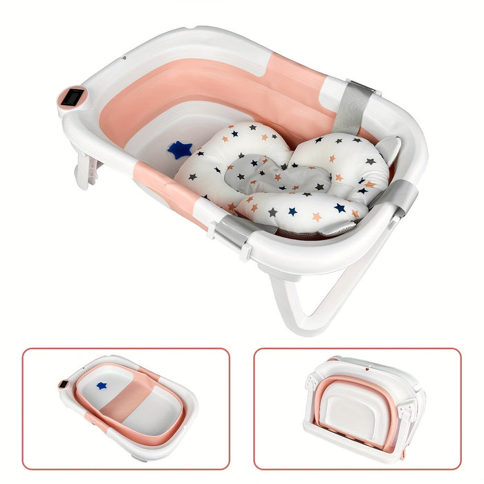 Foldable Baby Bathtub with Thermometer, Portable Travel Newborn Bathtub, with Soft Pad And Thermometer, Drainage Hole, Durable Foldable Youngsters Bathtub for 0-36 Months, Thickened Non-Slip Cushion, Smart Temperature Measure