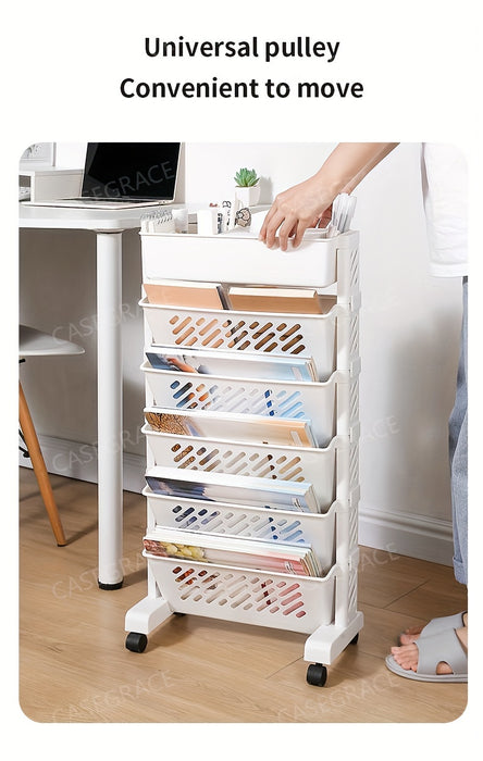 1pc Five-Level Bookshelf Shelf, Movable Desk Side Bookshelf, Floor Desk Small Cart, Book Storage Shelf, Office Study Supplies Storage Rack, Pen Holder, Lesson Book, Document Storage, Office Supplies