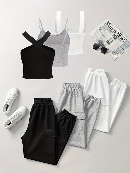 6pcs Women'S Casual Spring/Summer Knit Fabric Set with Crew Neck, Pocket, and Elastic Waist, Polyester Blend