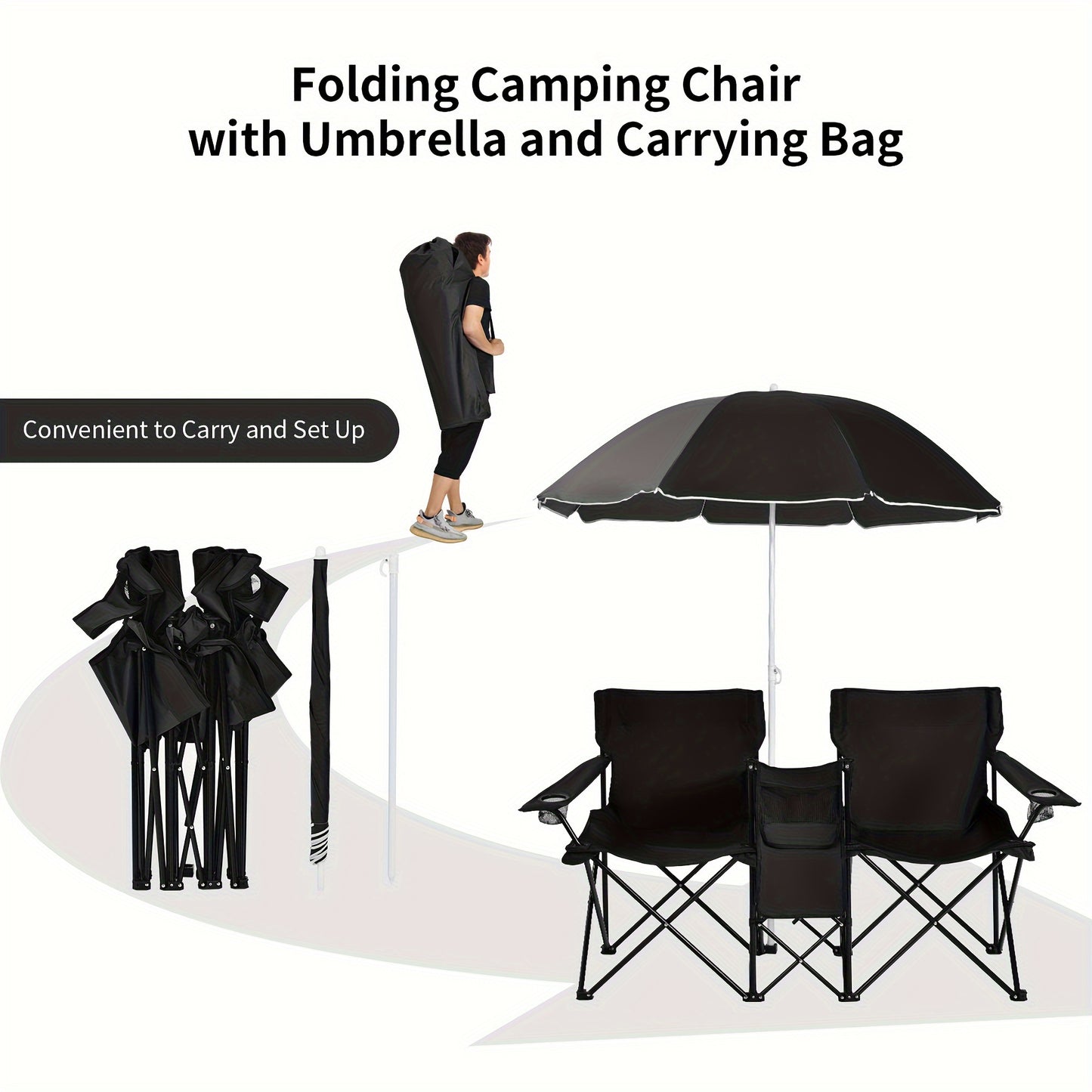 Portable Folding Picnic Double Chair W/Umbrella Table Cooler Beach Camping