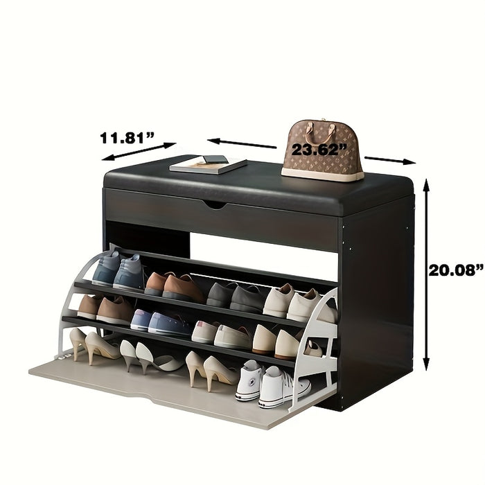 Pine Wood Shoe Bench with Cushioned Seat, Three-Tier Footwear Rack, and Storage Cabinet - Ideal for Bedroom or Entryway, Multi-Compartment Design, No Assembly Required, Shoes Organizer Storage