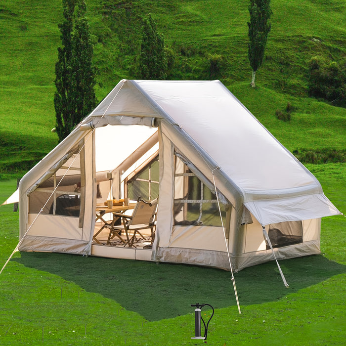 6-Person Inflatable Camping Tent - Easy Setup, All-Season Waterproof & Windproof Shelter, Portable Air Tent for Hiking, Fishing & Outdoor Adventures, Light Yellow Oxford Fabric, TPU Support Poles, Zipper Closure, Outdoor Camp
