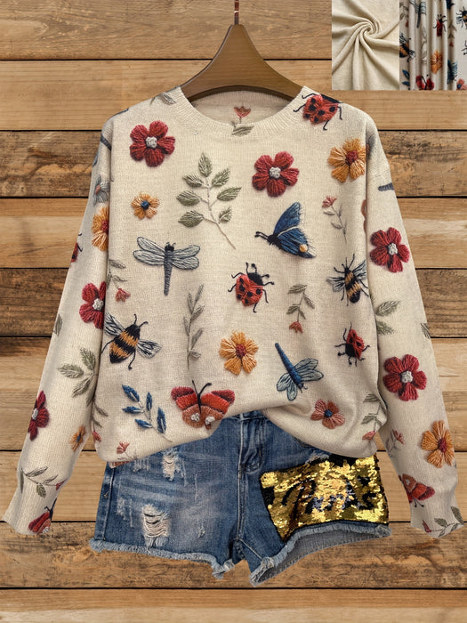 Lightweight Women'S Sweater with a Round Neck And Long Sleeves, Featuring an All-Over Printed 3D Insect Design, Stylish And Casual.