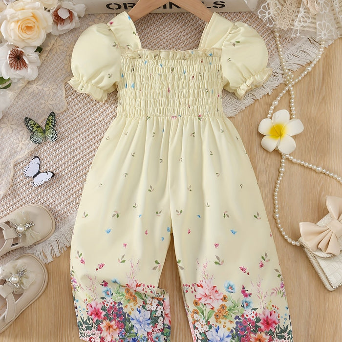 Elegant Floral Print Romper for Youngsters - Casual Retro Style with Puff Sleeves, Polyester, Non-Stretch Fabric, Square Neckline, Spring/Summer Wear, Romper for Girls, for Outdoor