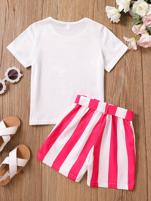 2pcs Toddler Girls Easter Cartoon Bunny Graphic T-Shirts Round Neck Short Sleeve Tees Top & Elastic Waist Belted Stripe Shorts Set Kids Summer Outdoor Clothes