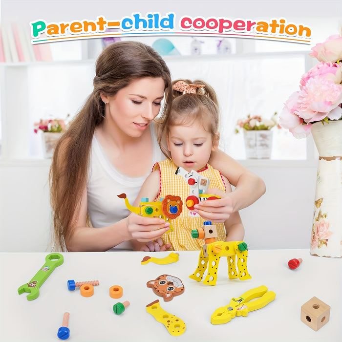 Kids' Wooden Animal Pattern Toolbox Toys With Hand Rope, Cute Cartoon Educational Toys For Boys Girls, Children's Building Block Assembly Toy, Birthday Gifts