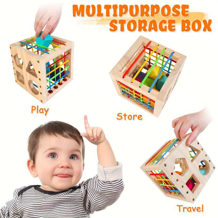 sorter cube - Wooden Sorter Cube - 8 Rattling Shapes, Developmental Learning Toy -  Toddler Learning, Gift for Baby -  1 2 3 Year Old Boys Girls -  Educational & Fun - Unlock Tiny Genius, One Shape at a Time