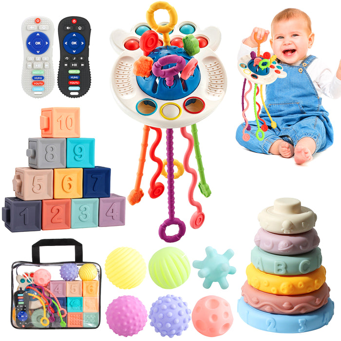 Baby Toys for 6 to 36 Months, 5 in 1 Toys for Babies, Sensory Toys for Toddlers 1-3,Pull String Toys, Stacking Blocks, Sensory Shapes Simulation Remote Control