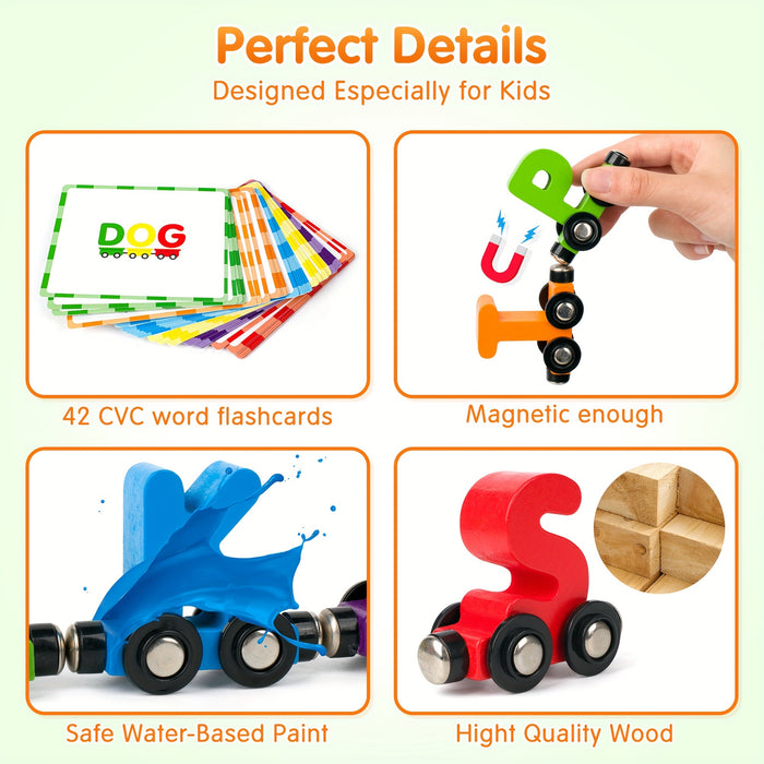 Vanmor 27 PCS Magnetic Wooden Alphabet Train Sets - ABC Letter Learning Toy Trains With 42 PCS Flash Cards, 1 Engine, 1 Storage Bag - Educational Toys for Toddlers Kids Boys Girls Ages 3-7 - Perfect Gift for Early Learning