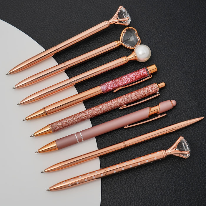 3/5/8pcs Rose Gold Ballpoint Pen Set Liquid Sand Glitter Metal Crystal Diamond shape Pen Girly Black Ink Pen Gifts for Wedding Office Desk Supplies