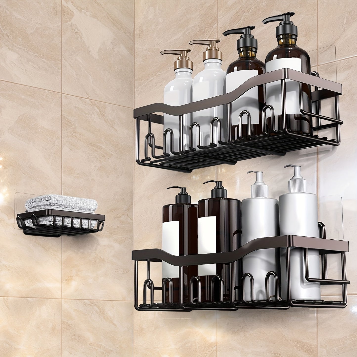 Adhesive Shower Caddy, 5 Pack Rustproof Stainless Steel Bath Organizers With Large Capacity, No Drilling Shelves For Bathroom Storage & Home Decor