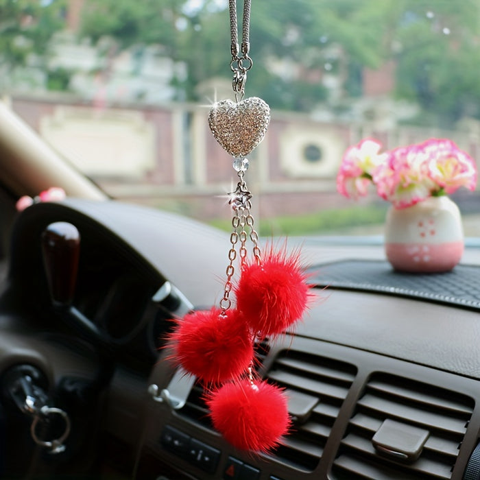 Sparkling Heart Rhinestone Car Ornament: Plush Ball & Heart Design for Women & Girls