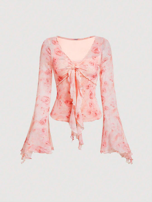Floral Print Tie Front T-Shirt, Chic Long Sleeve T-Shirt For Spring & Fall, Women's Clothing