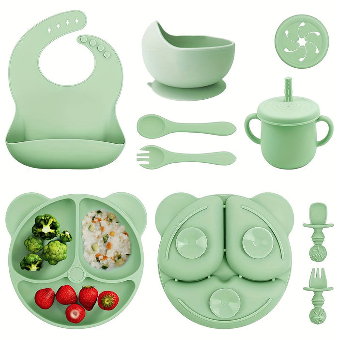 10-Piece BPA-Free Silicone Toddler Feeding Set - Pink Animal Print, Includes Suction Cup Dividers, Spoon, Fork, Straw Cup, Bib - Microwave & Oven Safe - For Baby Led Weaning - Perfect Gift for New Parents