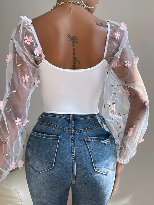 Off-the-Shoulder Contrast Mesh Floral Embroidered Sheer Bodice with Boning Details, Polyester Blend Raglan Long Sleeve Top with Medium Stretch - Elegant all-season Pullover
