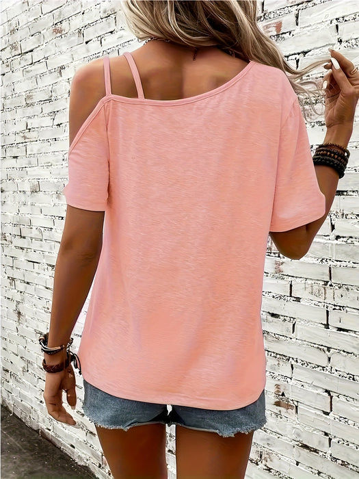 Heart Print Asymmetrical Backless Cold Shoulder T-Shirt for Women