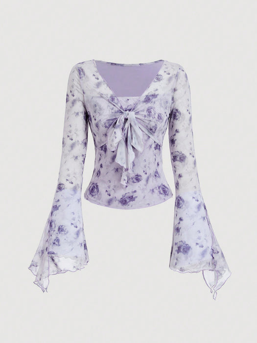 Floral Print Tie Front T-Shirt, Chic Long Sleeve T-Shirt For Spring & Fall, Women's Clothing